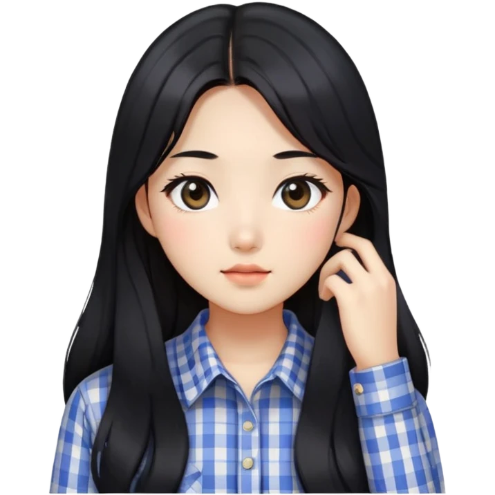Beautiful girl,Black hair,long hair,Black eyes,Korean, check pattern shirts emoji