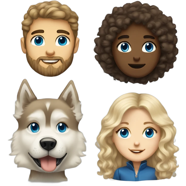 A blonde haired blue eyed girl and a brunette brown eyed boy with medium length curly hair and a beard with a husky  emoji