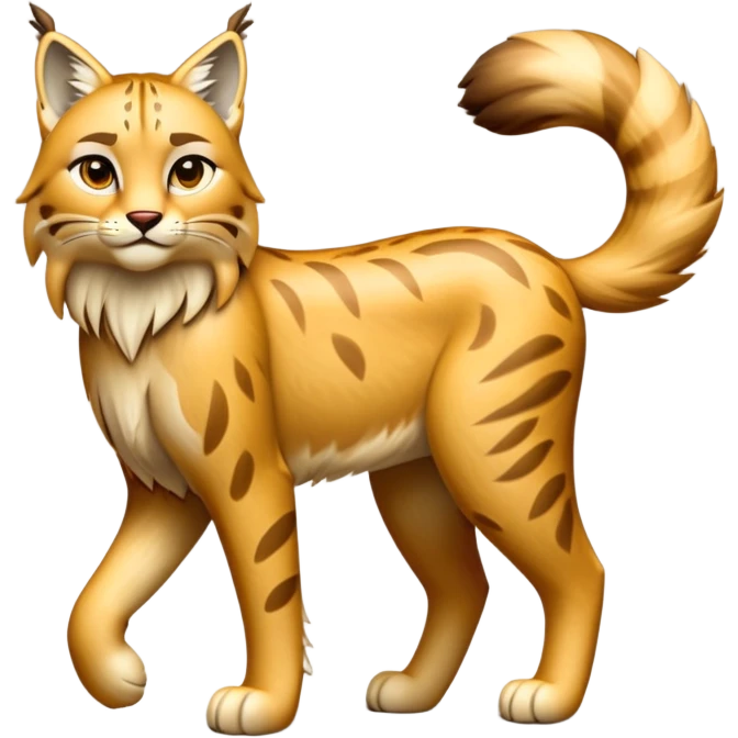 Cinematic-Lynx-Realistic-Full-Body-Standing-Emoji – Tail flicking slightly, head tilted dramatically, powerful yet sleek frame covered in soft golden-brown fur with faint spotting, long legs and large paws poised elegantly, simplified yet realistic focused features, highly detailed, glowing with an almost sarcastic glow. emoji