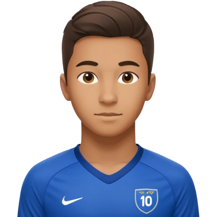 Apple emoji style 21 year old soccer player standing same pose, blue jersey #10, ultra realistic, studio lighting emoji