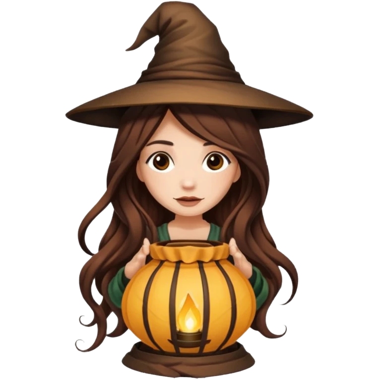 cute forest witch woman long wavy brown hair tattoos hiding inside lantern emoji