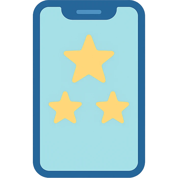 Smartphone icon with three stars inside the screen, flat emoji style, outline with blue and turquoise colors, white background emoji