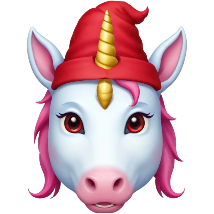 unicorn face cute wearing cute red hat, horn piercing through the hat looking in the camera emoji