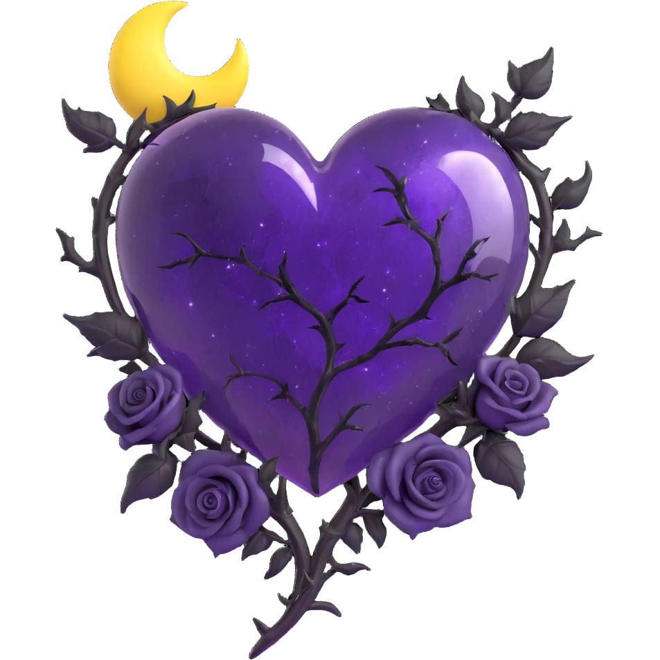 gothic heart, rich purple glass, silver crescent moon, black roses, shimmering stardust, lightning bolt effect, rain-soaked look, cracked glass texture emoji