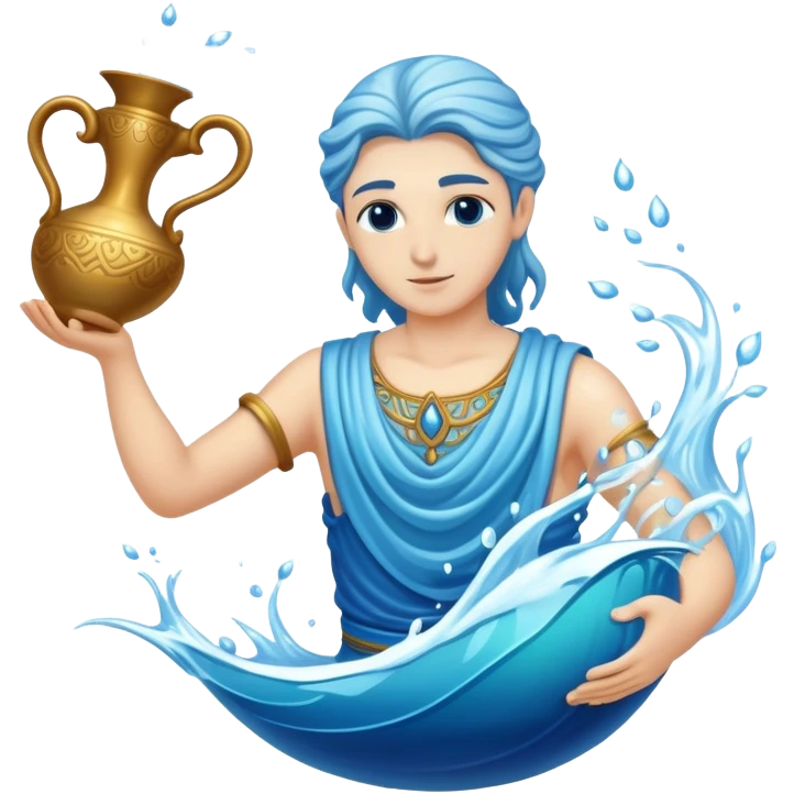 The zodiac symbol Aquarius. A mystical beautiful water bearer, pouring water into the sea from a large, intricate, and arcane vase emoji