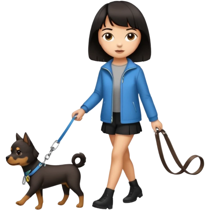 dark brown short haired girl walking a black haired girl with bangs on a dog leash emoji