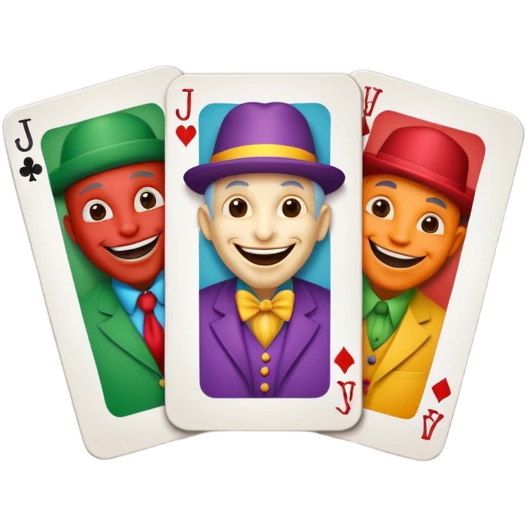 3 poker cards, with crazy colorful human jolly jokers inside emoji