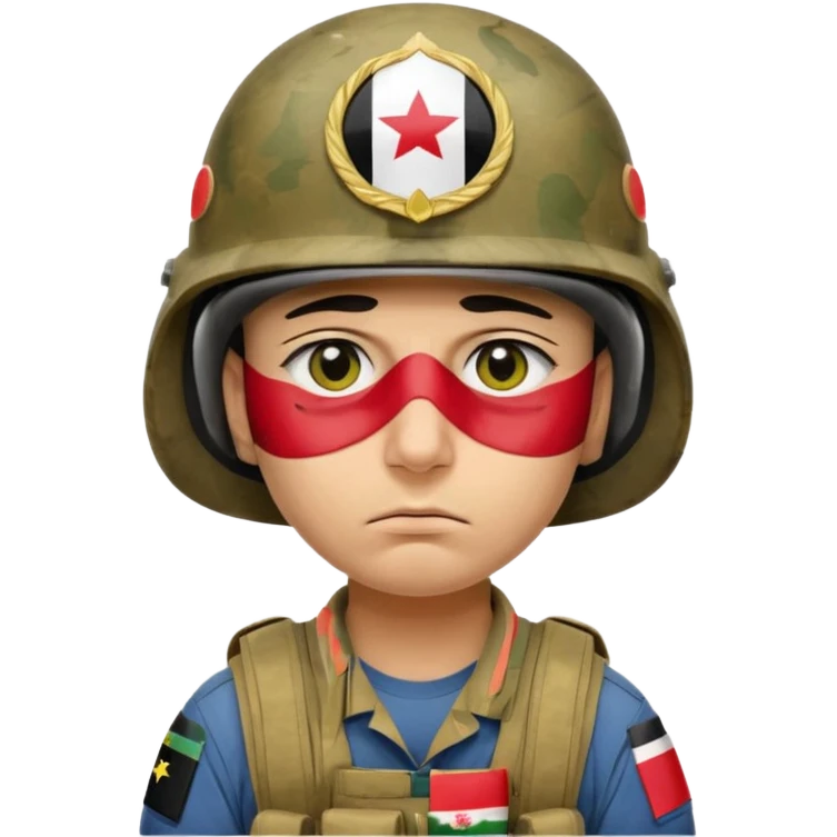 Tired Iraqi soldier wearing helmet with Iraqi flag, sad expression, half open eyes and bags under eyes, reflecting fatigue and pain emoji