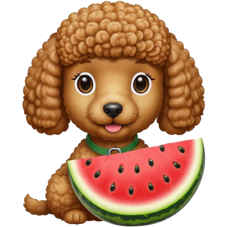 poodle with brown eyebrows holding a watermelon emoji