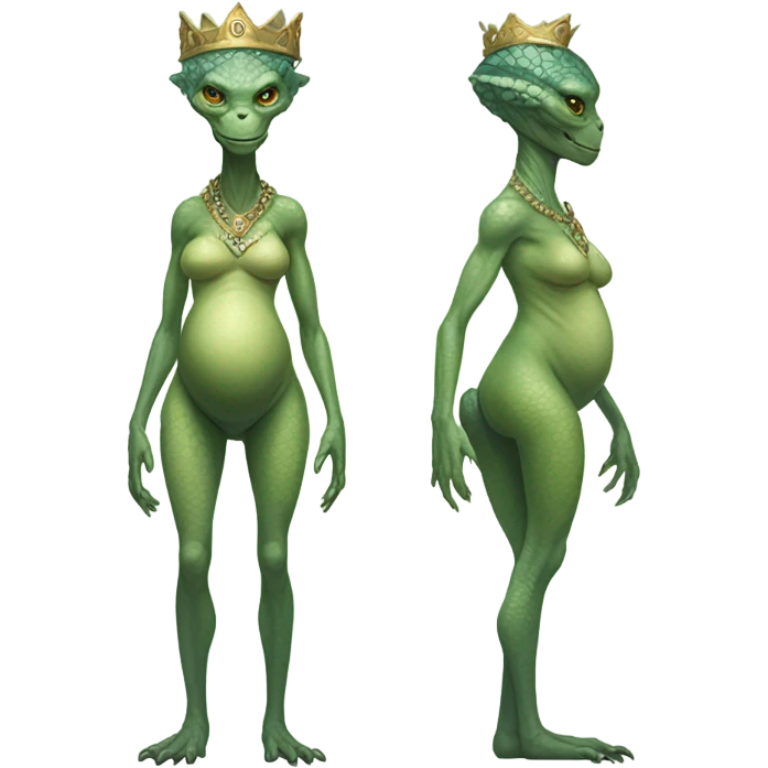 Pregnant reptilian alien woman, full body, have a crown emoji