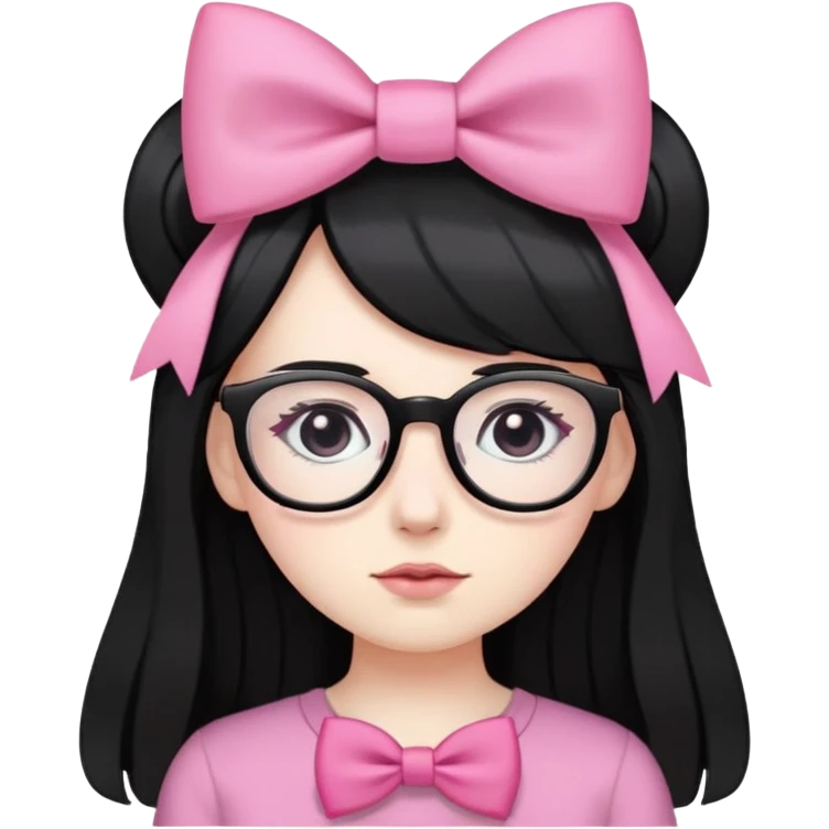 Pale white skin, long black hair, wearing a pink bow on the side of her hair, black eyes, wearing a black shirt, wearing glasses emoji