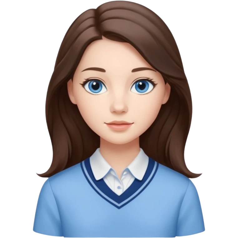 Realistic Student Portrait, with porcelain-like skin featuring a natural rosy flush, iHer Brunette Half-Up Style for Straight  hair flows in soft, Her deep blue eyes radiate warmth and innocence,  wear light blue preppy style. emoji