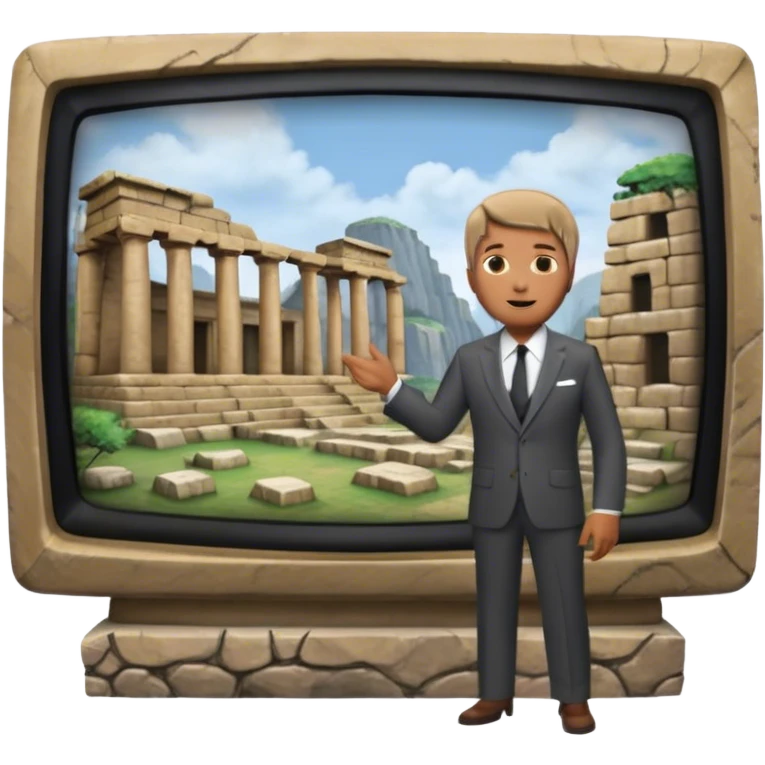 Icon for Documentary Film (TV style): A large TV screen with a host presenting in front of video footage showing ancient ruins. The design should evoke a vintage TV broadcast with historical content, complete with a clear view of the host and the ruins behind. Transparent background. emoji