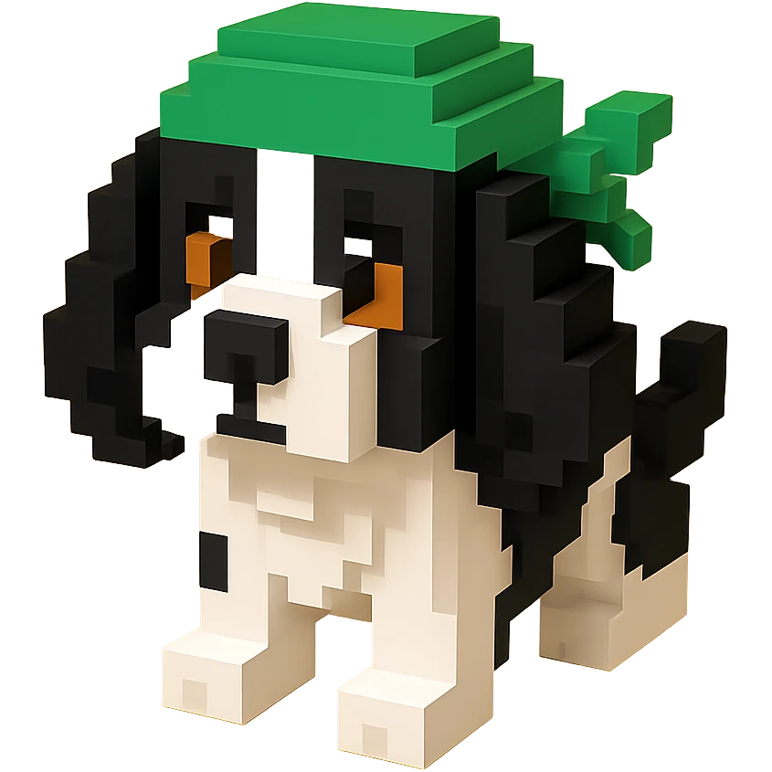 A black and white Russian Cocker Spaniel puppy wearing a green durag, voxel style, standing emoji