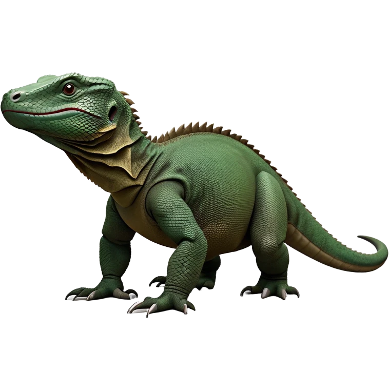 cinematic-komodo-dragon-realistic-full-body-standing on all fours-emoji,-massive-scaled-body-poised-with-quiet-power,-rough-textured-skin-dark-green-and-dark brown, black,-head-tilted-dramatically,-long-forked-tongue-flicking-out,-simplified-yet-realistic-focused-features,-highly-detailed,-glowing-with-an-almost-sarcastic-glow

 emoji