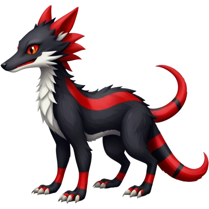 Cool Edgy Vernid-Sergal, Feral, Four Legs, Tail, Black fur, thin Red sharp stripes, Full body, LiLaiRa emoji