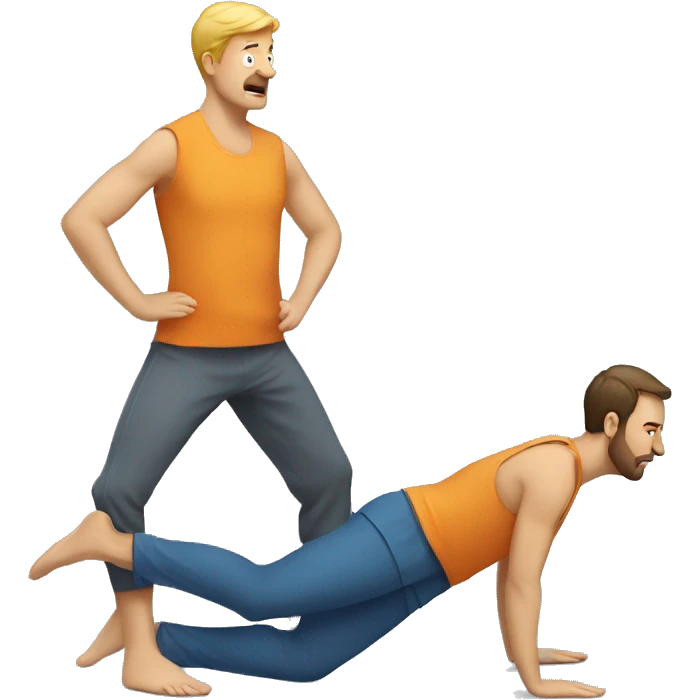 man standing facing another man who is in downward dog yoga position emoji