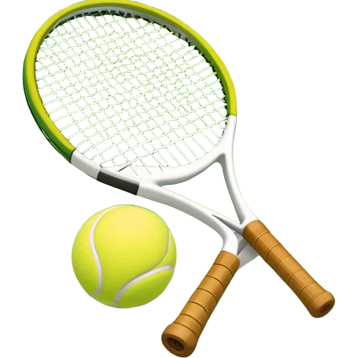 A tennis racket and a ball placed on the ground, with a tennis court in the background. The court lines and net are visible, emphasizing the structure and focus of the sport, creating a dynamic and energetic vibe. emoji