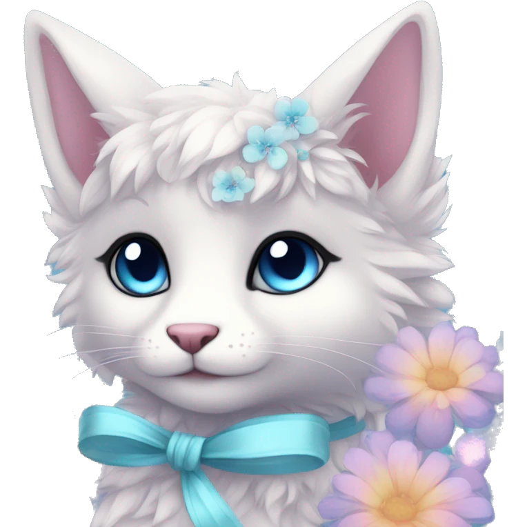 Anthro Cute Cool Pastel Kawaii gorgeous sparkly ethereal fantasy animal creature with blue eyes furry sona with flowers and ribbons beautiful aesthetic emoji