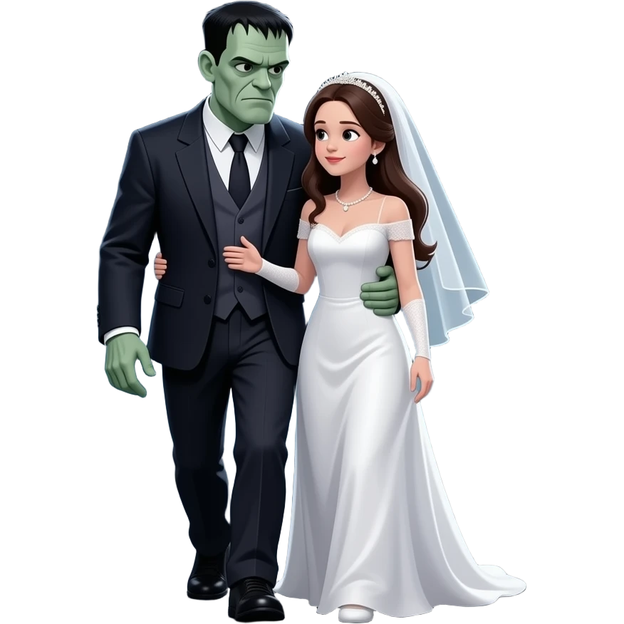 Frankenstein Monster hugs his bride while walking through a desolate night landscape emoji