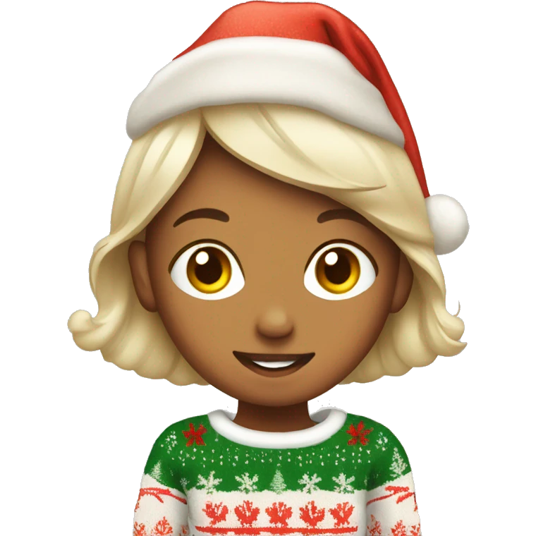 Girl wearing Christmas sweater with beer emoji