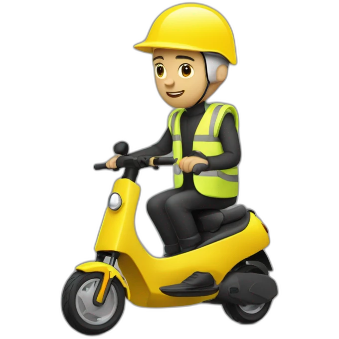 bald man with a yellow cycling helmet on a black xiaomi e-scooter whearing a yellow safety vest emoji