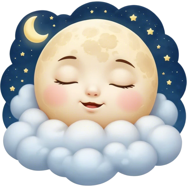 Cinematic adorable moon with a sleepy face, round and chubby, soft glowing light, tiny rosy cheeks, resting on a bed of fluffy clouds, dreamy and peaceful. emoji