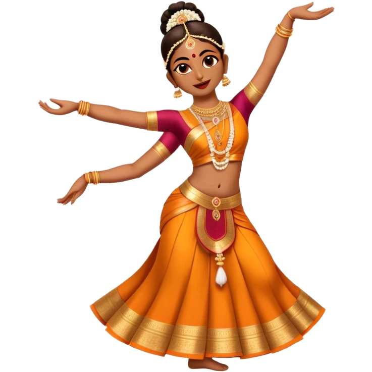 Cinematic Realistic Bharatanatyam Dance Emoji, depicted as an elegant classical Indian dance performance with graceful poses, intricate costumes, and expressive hand gestures, rendered with rich textures and warm dramatic lighting that captures its timeless beauty. emoji