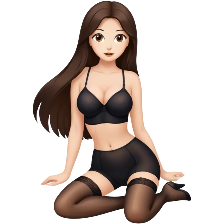 Beautiful Buxom brunette long hair and brown eyes, intimate, sfw black nylon stocking pose emoji
