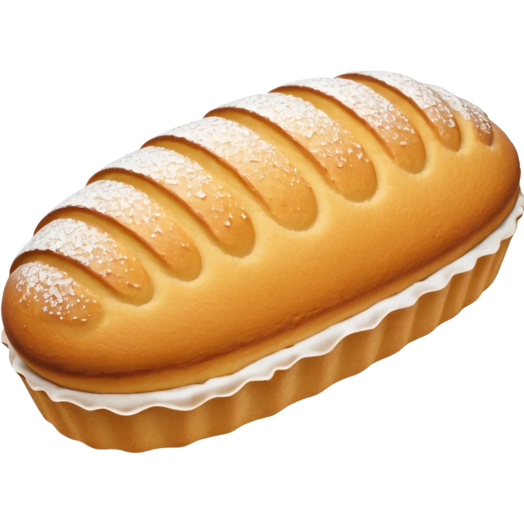 A madeleine pastry. Oval shaped with lines going in the same direction as the oval. Light golden brown. Scalloped edge emoji