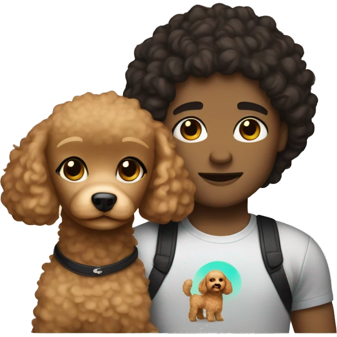 white woman with straight dark hair and a mixed race man with curly hair holding a toy poodle light brown color emoji