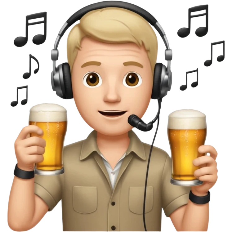 a white male radio presenter wearing headphones, speaking into a microphone, with a beer in his hand and musical notes around him emoji