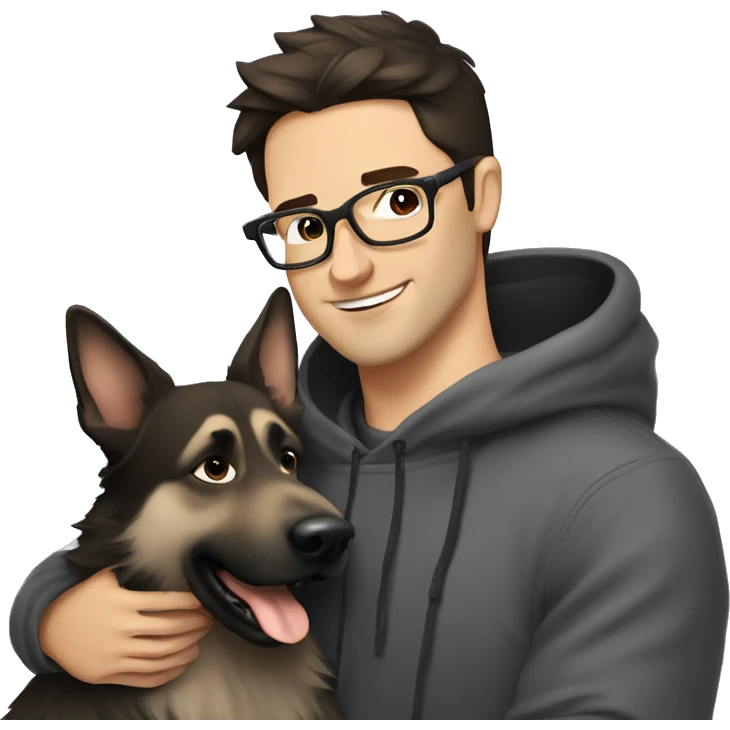 a handsome guy (dark brown hair, grey colour eyes, thin stylish black glasses, hoodie) hugging a dog (grey colour german shepherd) emoji