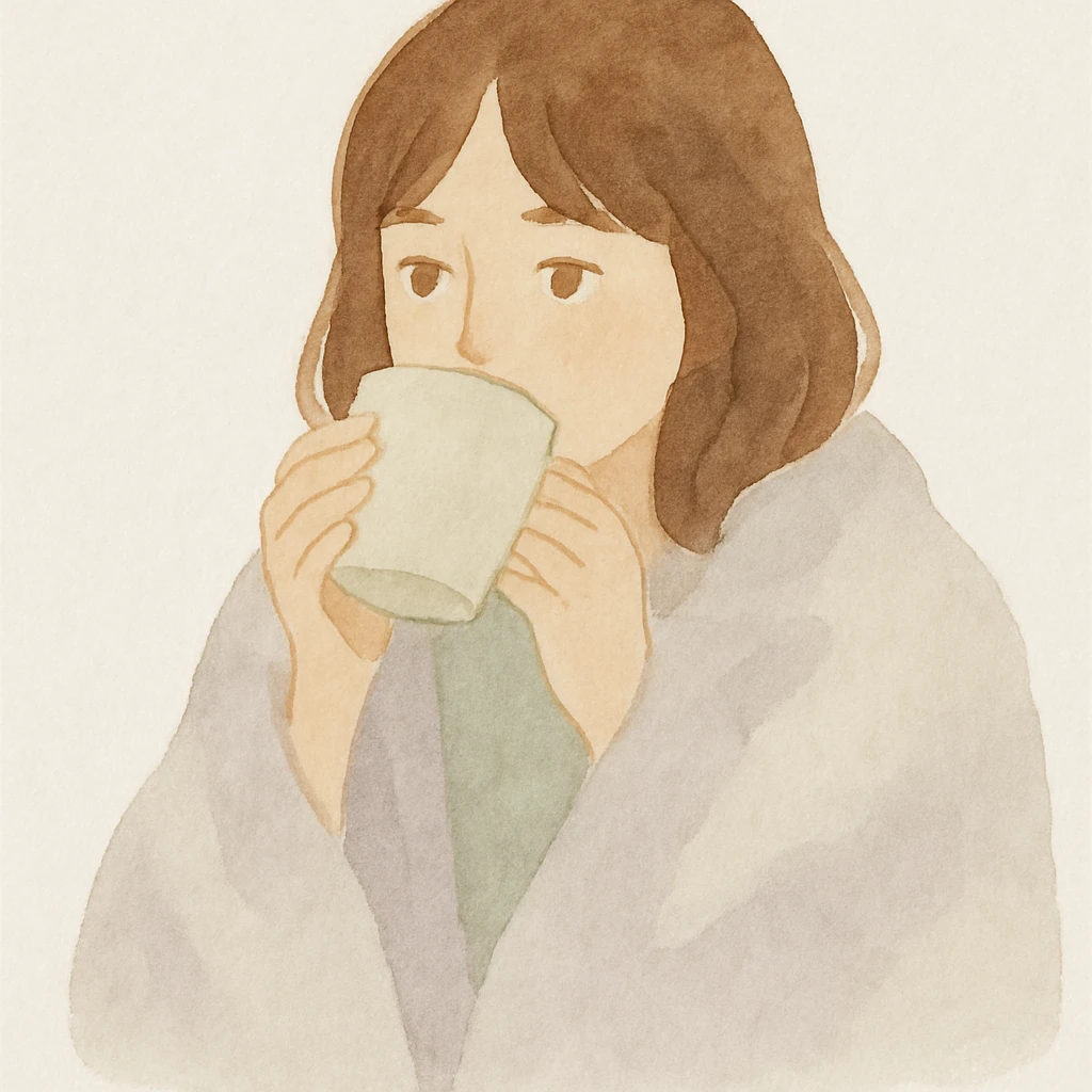 girl with brown hair and light brown eyes drinking coffee from a cup, wrapped in a blanket, watercolor style emoji