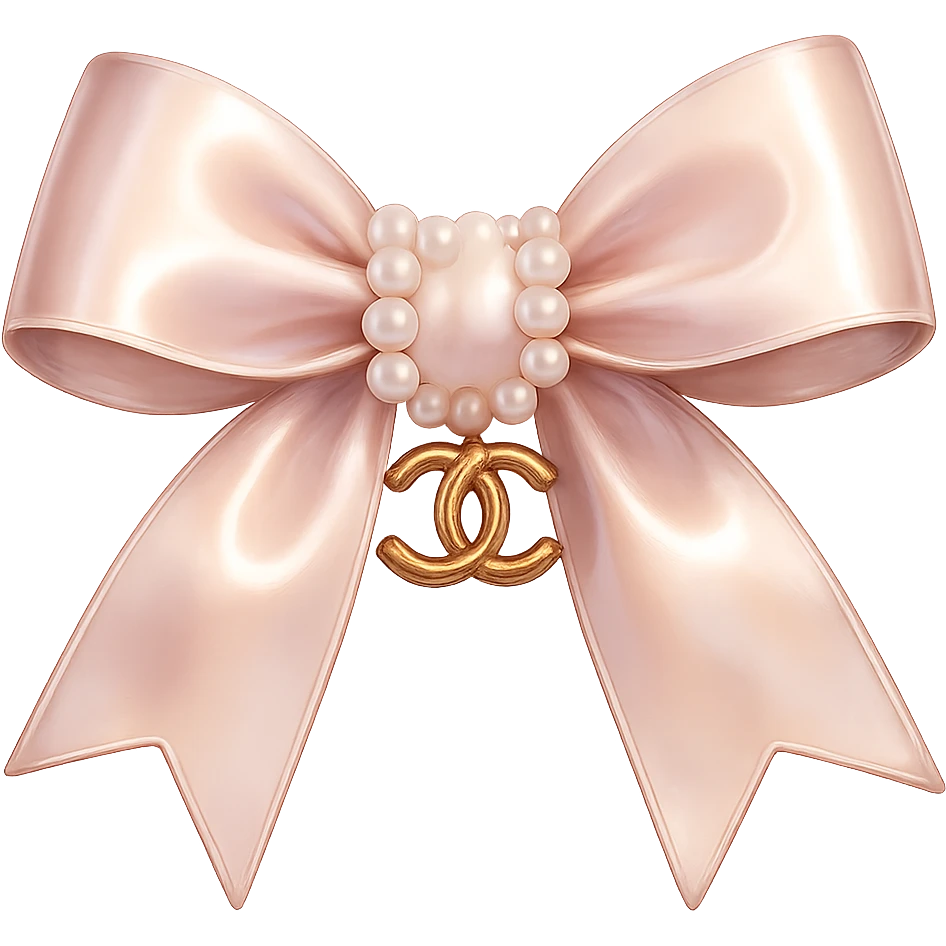 Remove the background, keep only the elegant bow with pearls and gold Chanel logo, glossy, pastel colors, realistic style, with no background. emoji