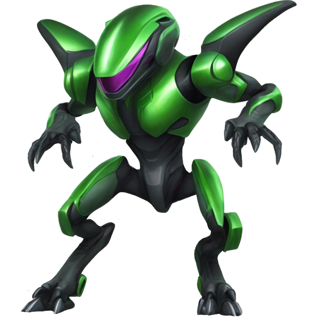 a shiny black-green Genesect-Raptor-Fakémon—hybrid with a futuristic visor-helmet full body emoji