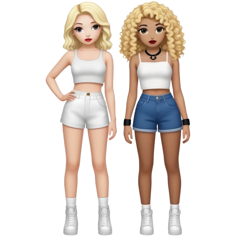 Full body of two teenage girls standing together, one white with straight blonde hair and one brown-skinned with curly dark hair, both with heavy makeup, big lips, crop tops and choni style clothing emoji