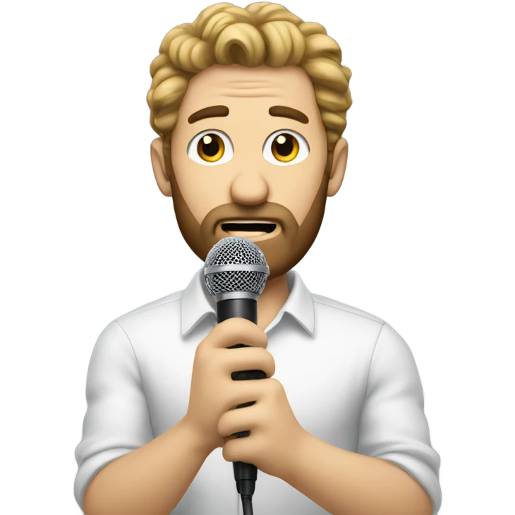 White man talking into a microphone, hairy arms emoji