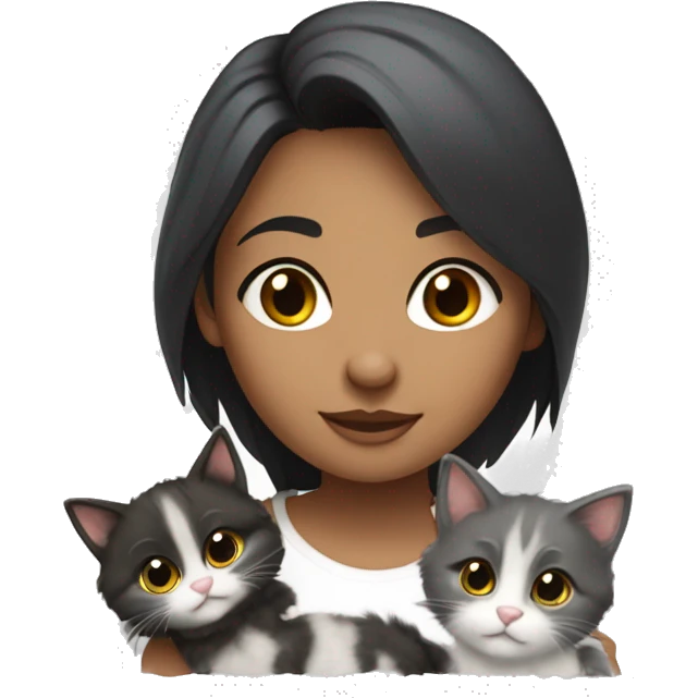 a girl with dark hair is surrounded by 4 kittens, one of them is gray fluffy, another is black with white paws, the third is brown, the fourth is gray with short hair emoji