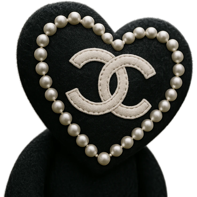 Chanel heart with pearls, plush portrait style, soft and luxurious, black and white emoji
