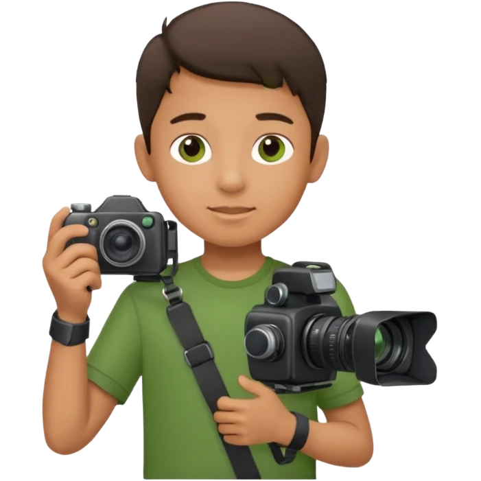young boy cameraman hold a camera, green emoji