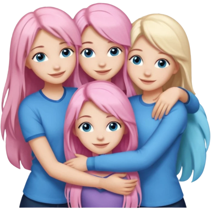 four white grips hugging and smiling    One girl with long light pink hair and blue eyes, one girl with blue eyes and light blonde hair, and 2 girls with brown eyes and long dark brown hair. emoji