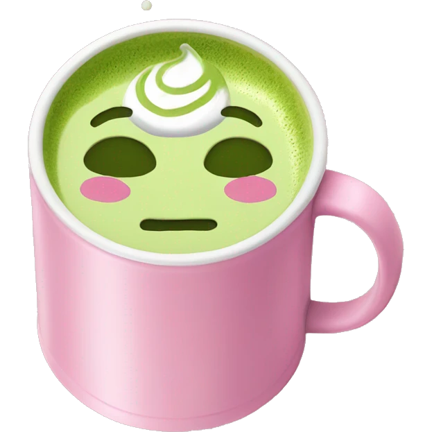Matcha latte drink on a pink cup written on the cup Mayar emoji