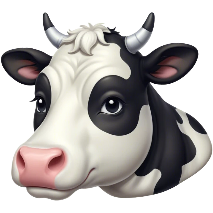 Meme-Worthy Cute Sleeping Black and White Cow Portrait Emoji, Head resting peacefully with a contented smile, showcasing a robust build and a luxuriously soft contrasting coat of black and white, eyes shut in a serene, restful nap, Simplified yet hilariously adorable features, highly detailed, glowing with a soft, drowsy light, high shine, relaxed and utterly lovable, stylized with an air of playful laziness, bright and heartwarming, soft glowing outline, capturing the essence of a comically sleepy cow, so meme-worthy it feels like it could instantly become the next viral sensation of adorable slumber! emoji