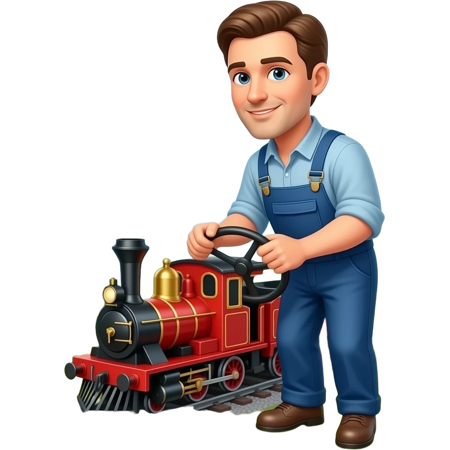 An man driving a red miniature train for real life emoji