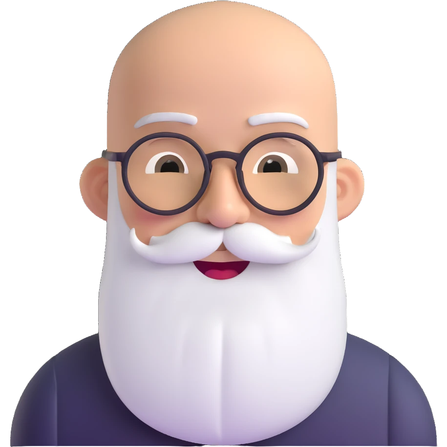 bald man with spectacles, long white beard, winking, friendly expression emoji