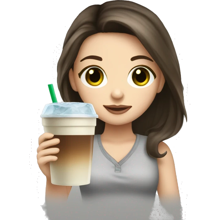 Pretty white girl brunette green eyes holding iced coffee emoji