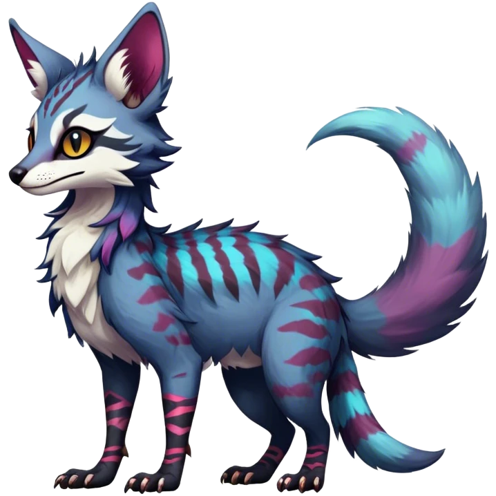 Feral Rare Fantasy dark colorful Vernid-Sergal-Genet-Trico-species by LiLaiRa, random markings, tufted tail, tufted ears, full body emoji