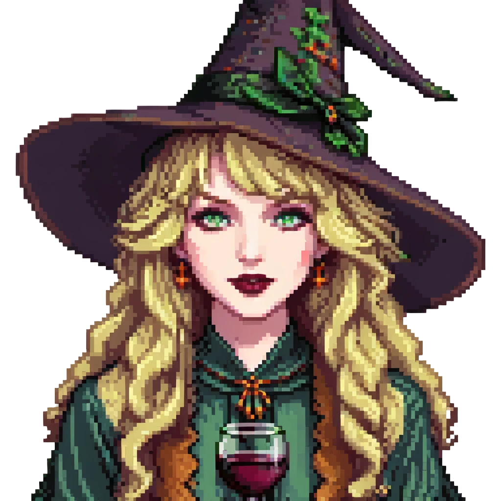 pale woman, long wavy blonde hair with bangs, green eyes, wine lipstick, wearing witch outfit and hat, pixel art emoji