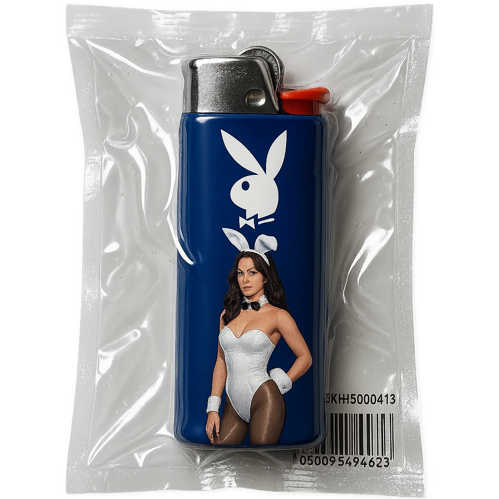 blue BIC lighter, glossy and puffy, with a white Playboy Bunny logo and a model in a white bunny suit emoji